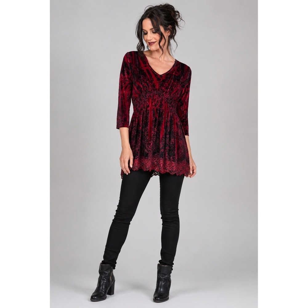 One World Velvet Babydoll Top Women Small Red Lace Sequin Trim Vamp Goth Festive
